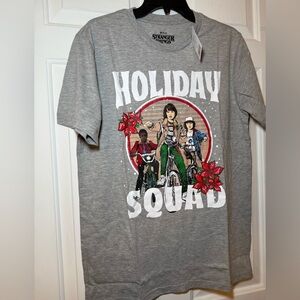 Netflix Stranger Things MEDIUM Holiday Squad Gray T Shirt NWT Lucas Mike Dustin